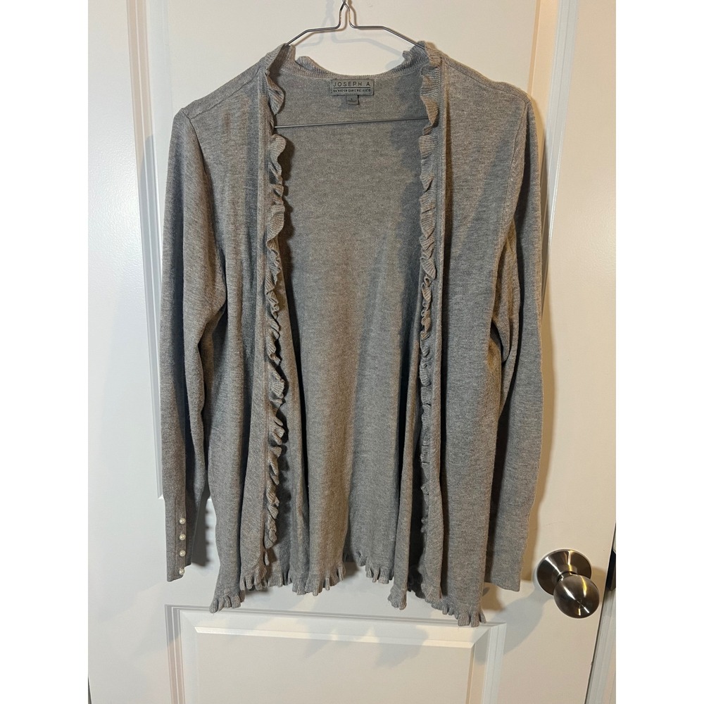 Joseph A Womens Cardigan Ruffle Trim Pearl Cuff Gray L
